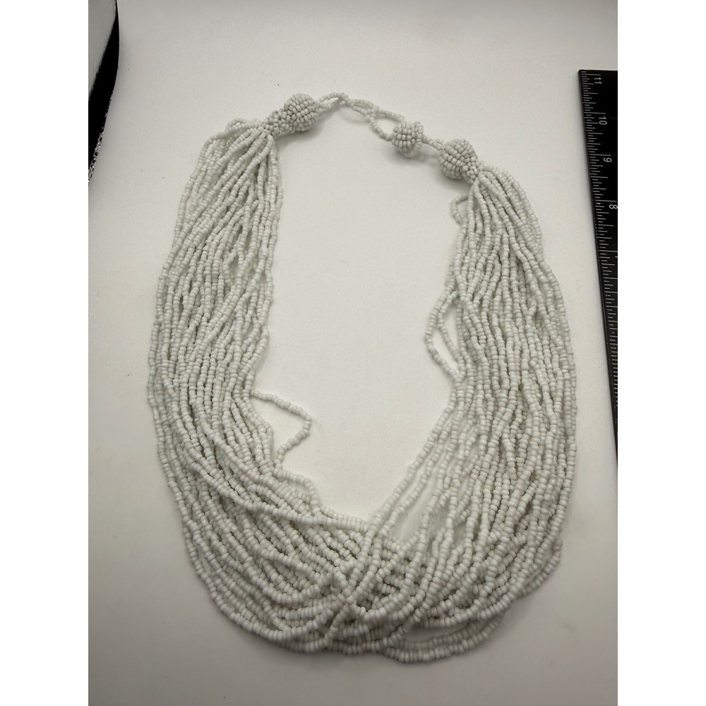 White Multi Strand Seed Bead Statement Necklace Boho Layered Beaded Bib 22 Inch